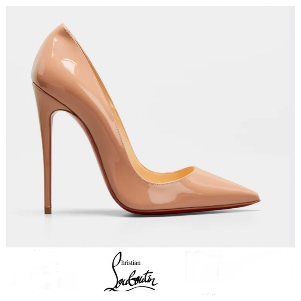 CHRISTIAN LOUBOUTIN So Kate 120 Beige Glossy Patent Leather Pumps Heels Sz 38.5